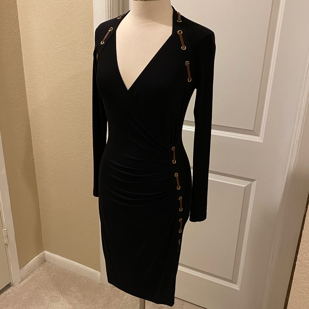 Carmen Marc Valvo Black Knit & Leather Wrap Dress